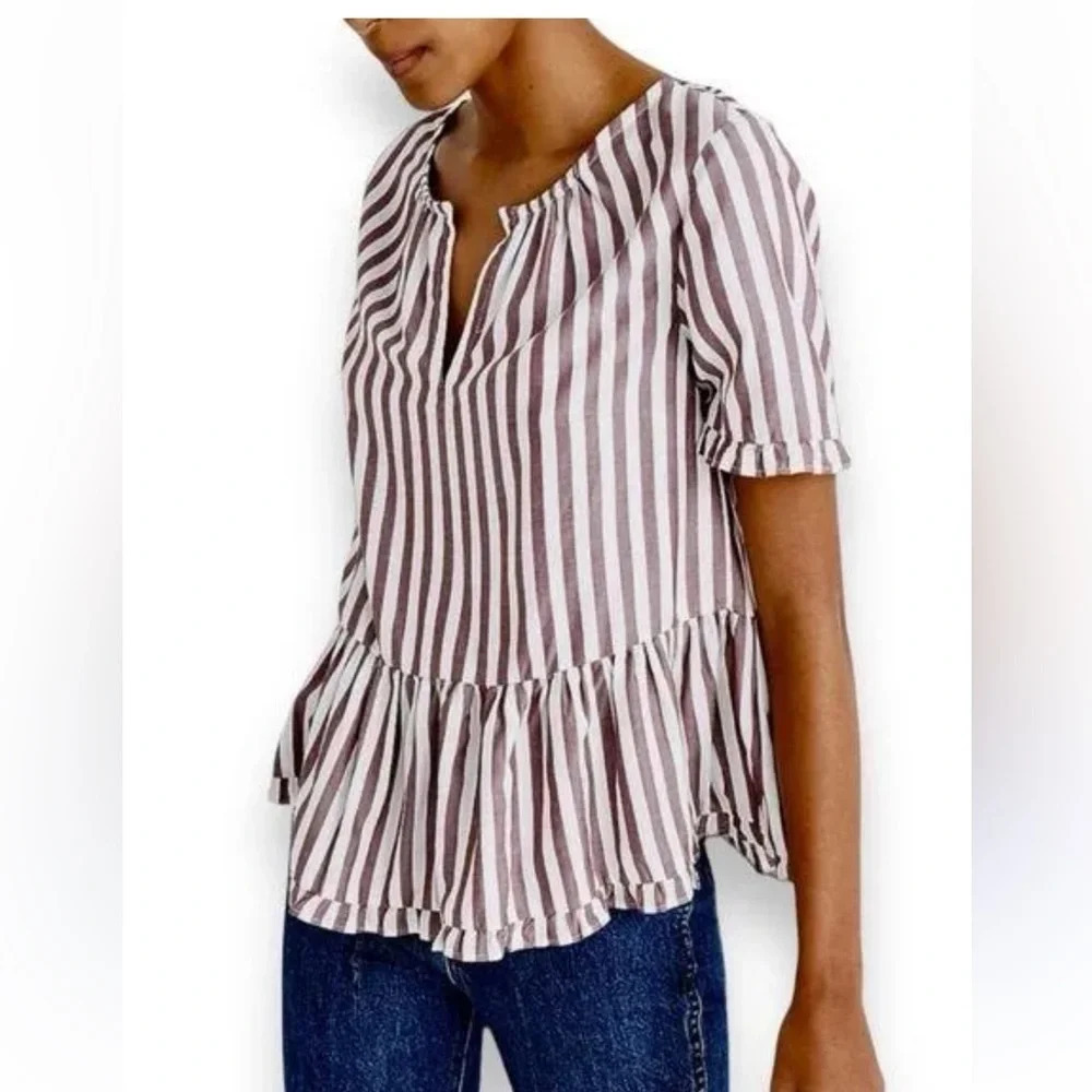 Madewell Mauve & White Stanza Ruffle-Hem Top in Stripe Sz M